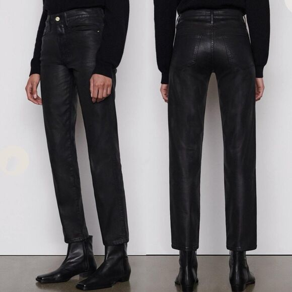 FRAME Le Sylvie Slender Straight High Rise Coated Jeans Black - Picture 1 of 11